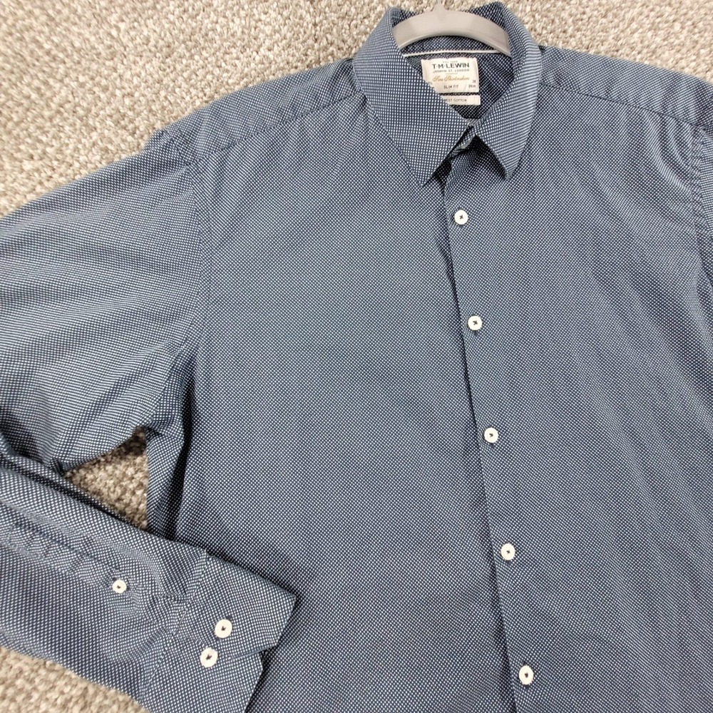 TM Lewin Slim Fit Dress Shirt Blue White Micro Polka‎ Dot Cotton 16.5 36 Mens